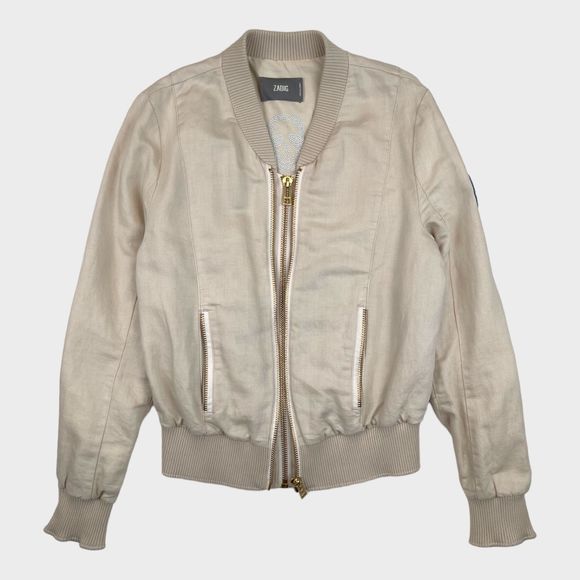 ZADIG & VOLTAIRE Lola Linen Double Zipper Skull Bomber Jacket Women's Medium - Picture 2 of 15